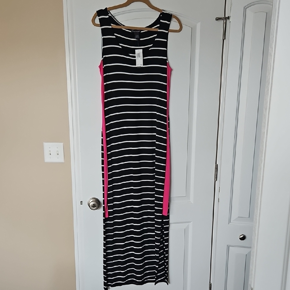 Black and White Striped Maxi Dress with Pink Accents